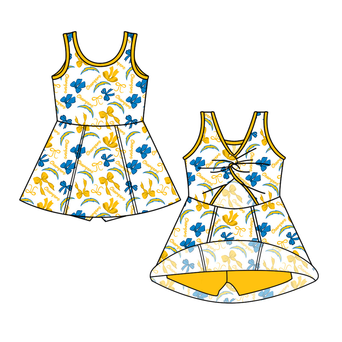 Custom moq 5 mix size milk silk summer teams Baby Girls Yellow Blue Bow Vest Top Skirt Shorts Sets Sleeveless Knee Length Dresses Yoga Shorts Yoga Active Outfit