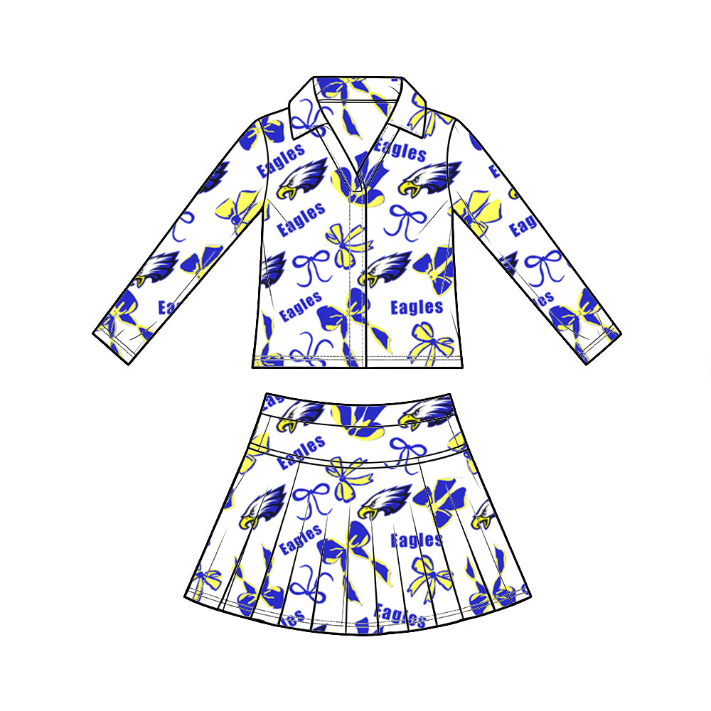 custom moq 5 mix size XY072406 Baby Girls Summer Bow Print Long Sleeve Top Pleated Skirt Two Piece Team Yoga Outfit Set