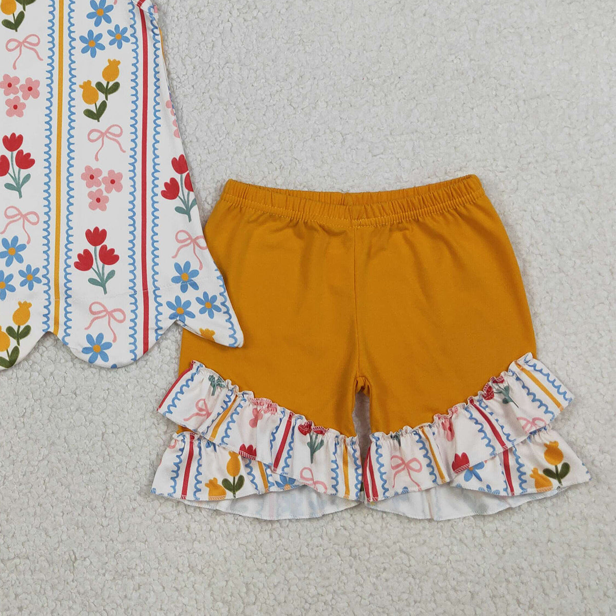 RTS NO MOQ GSSO3388 Baby Girls Bows And Flowers Stripe Scallop Tunic with Ruffle Shorts Cute Outfit Set for Little Ones