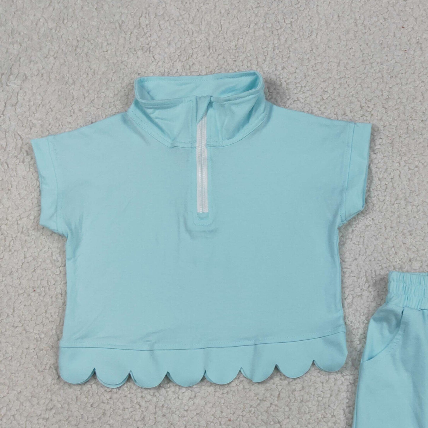 RTS NO MOQ cotton GSSO3376 Baby Girls Blue Zip Pullover Top With Pockets Short Scallop Clothes Set