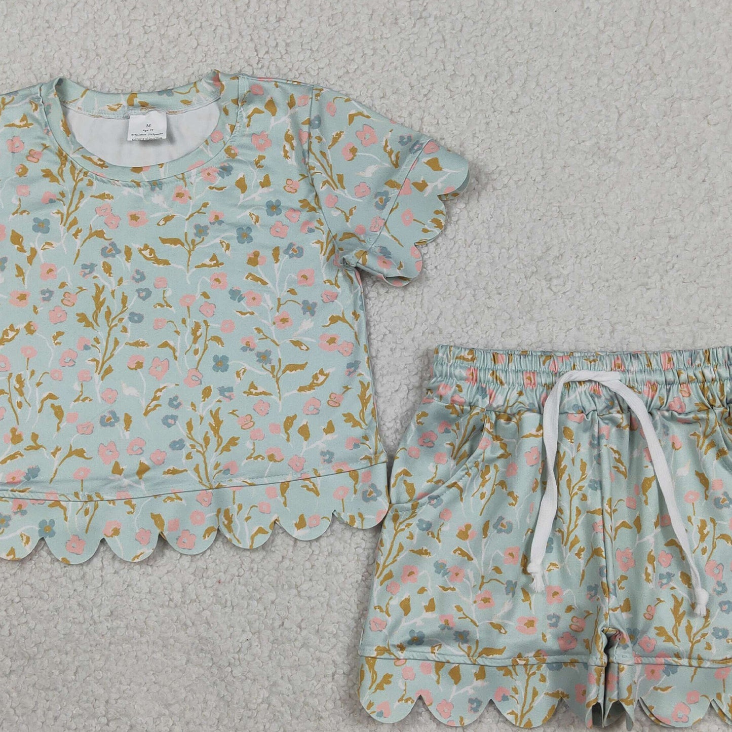 RTS NO MOQ GSSO3266 Baby Girls Summer Colorful Flowers Short Sleeve Top Scallop Pockets Shorts Set