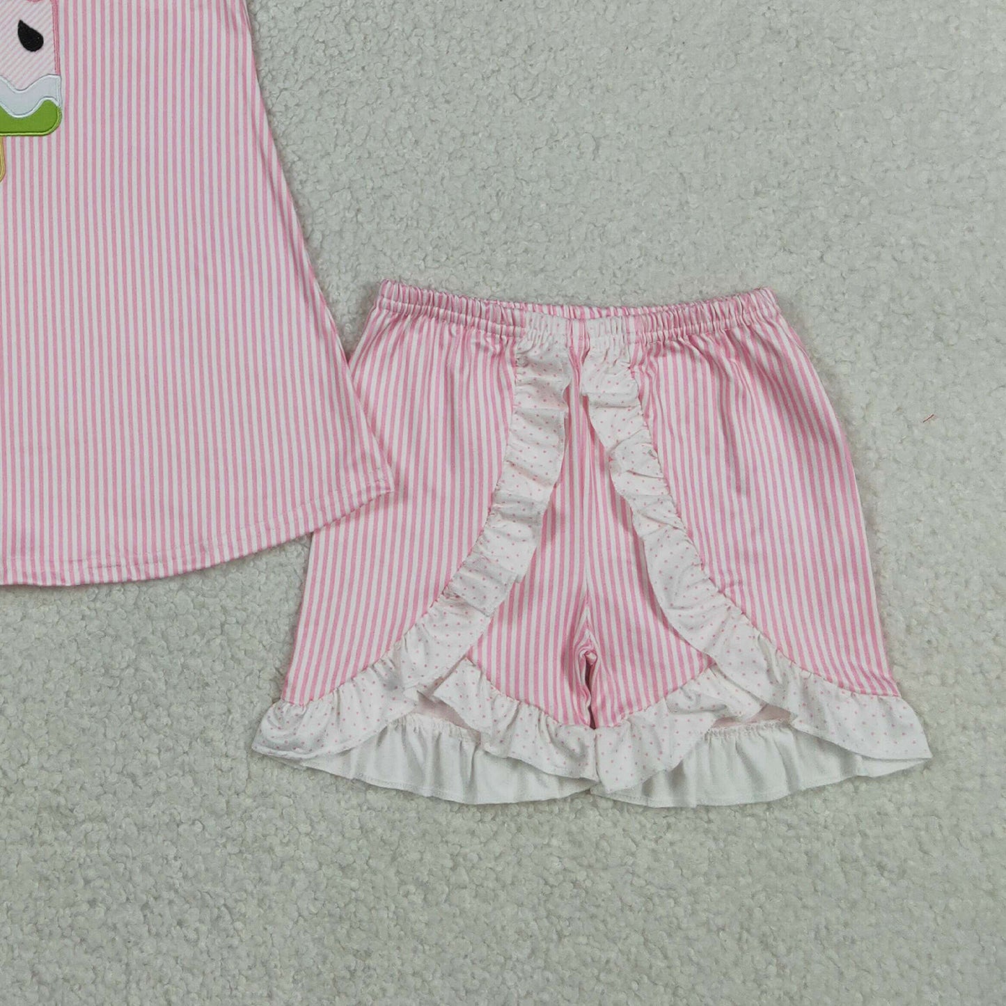 RTS NO MOQ milk silk GSSO3238 Baby Girls Cute Popsicle Embroidery Pink Stripe Tunic Shorts Set