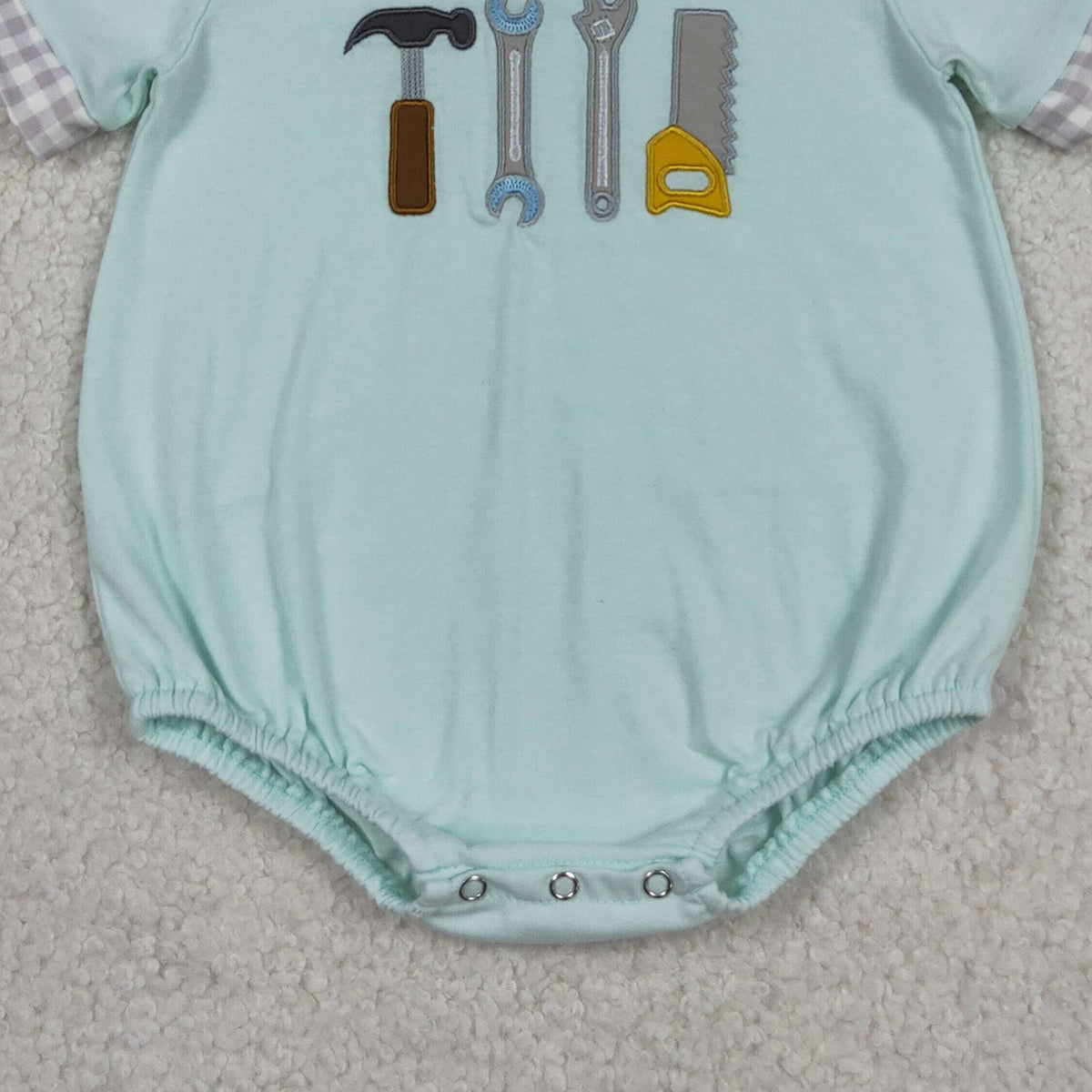 RTS NO MOQ SR3541 Baby Boys Embroidery Tools Short Sleeve Rompers