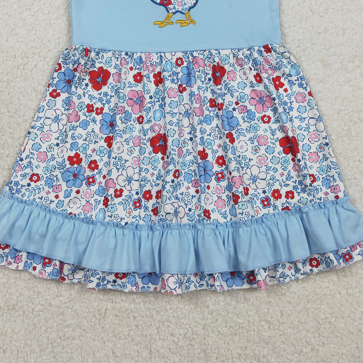 RTS NO MOQ GSD3418 Floral Chick Embroidery Baby Girls Dress Farm Ruffle Knee-Length Skirt for Kids