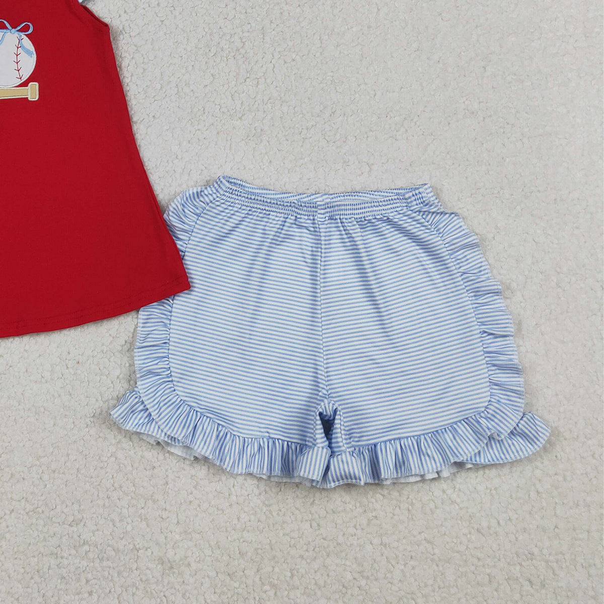 RTS NO MOQ GSSO3246 Baby Girls Embroidery Baseballs Tunic Top with Stripe Ruffle Shorts Team Clothes Set