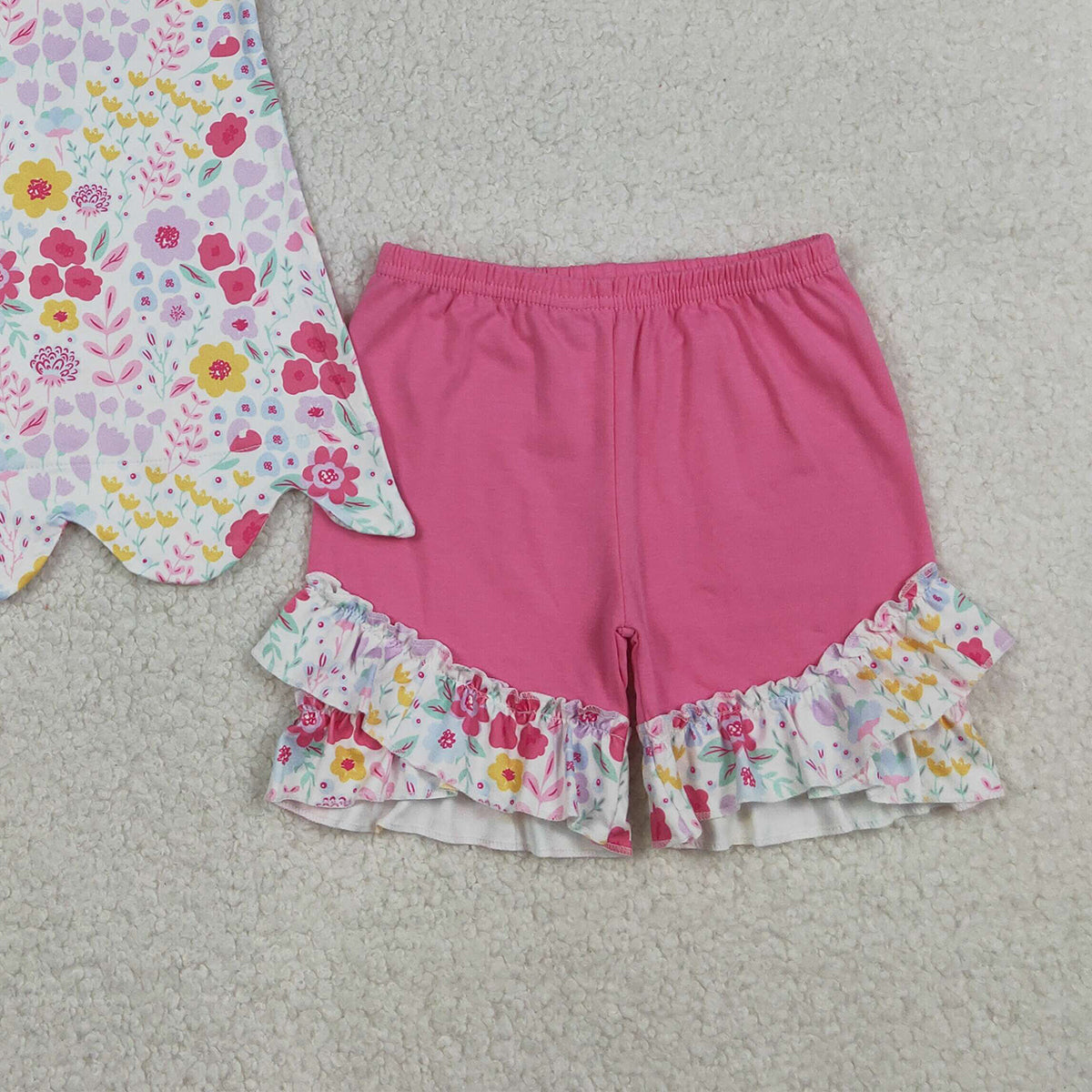 RTS NO MOQ GSSO3391 Baby Girls Sleeveless Colorful Flowers Tunic Ruffle Shorts Outfit Set Cute Baby Girl Summer Clothing Set
