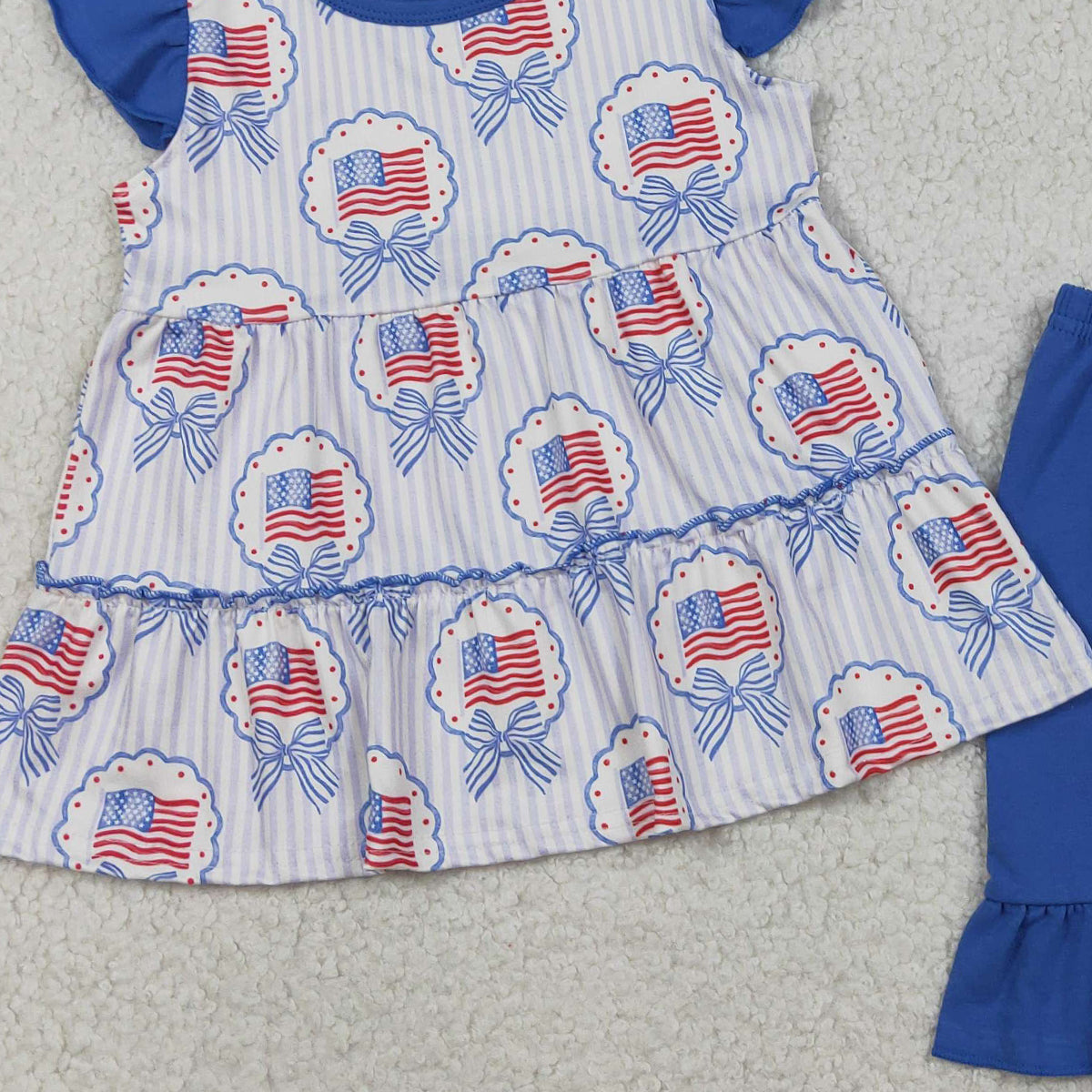 RTS NO MOQ GSSO3296 Baby Girls 4th of July Clothes Set Blue Stripe Tunic with Ruffle Short Outfit