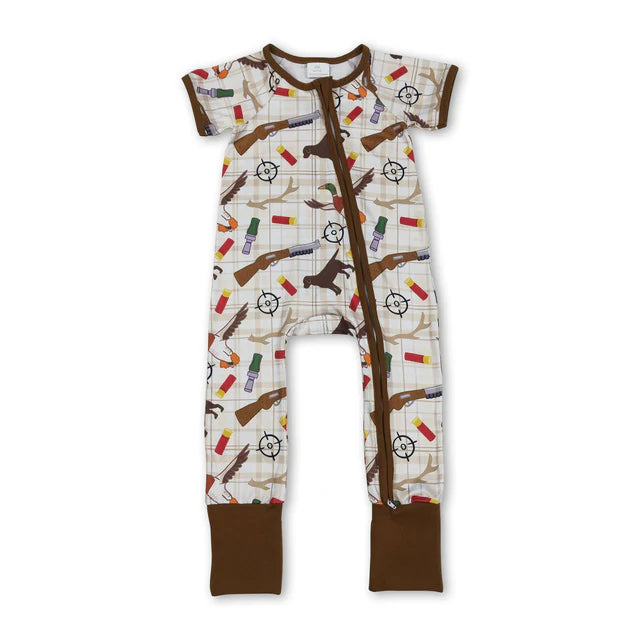 RTS NO MOQ Sibling Baby Boys Ducks Calls Camo Hats Hunting Two Way Zip Convertible Rompers