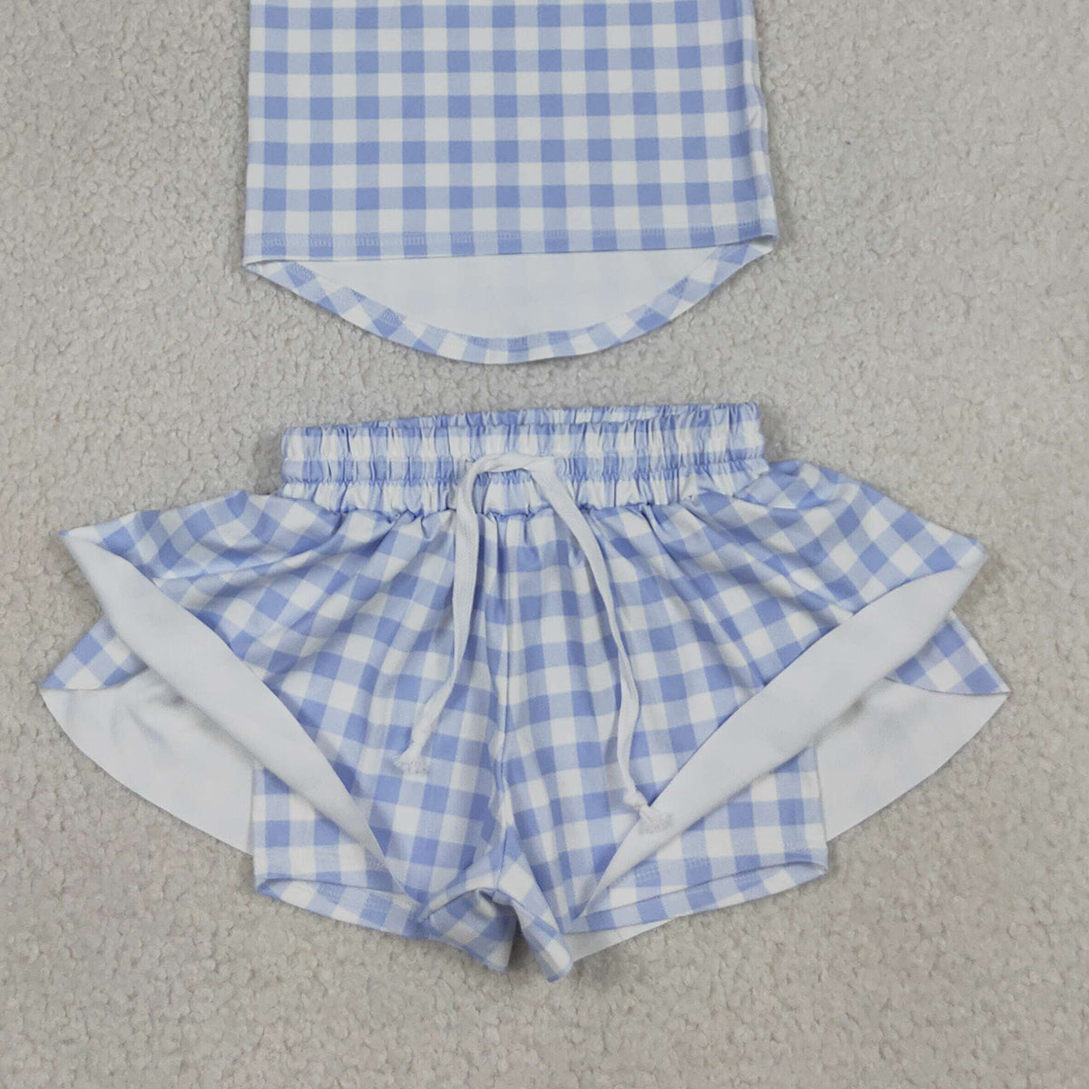 RTS NO MOQ GSSO3479 Baby Girls Blue Checked Vests Top with Butterfly Print Short Yoga Active Clothes Set for Kids