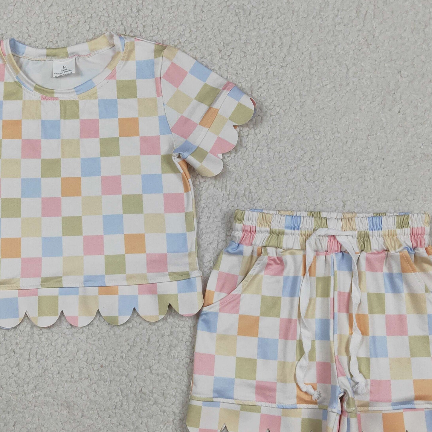 RTS NO MOQ GSSO3419 Baby Girls Summer Colorful Checked Scallop Edge Pocket Short Set