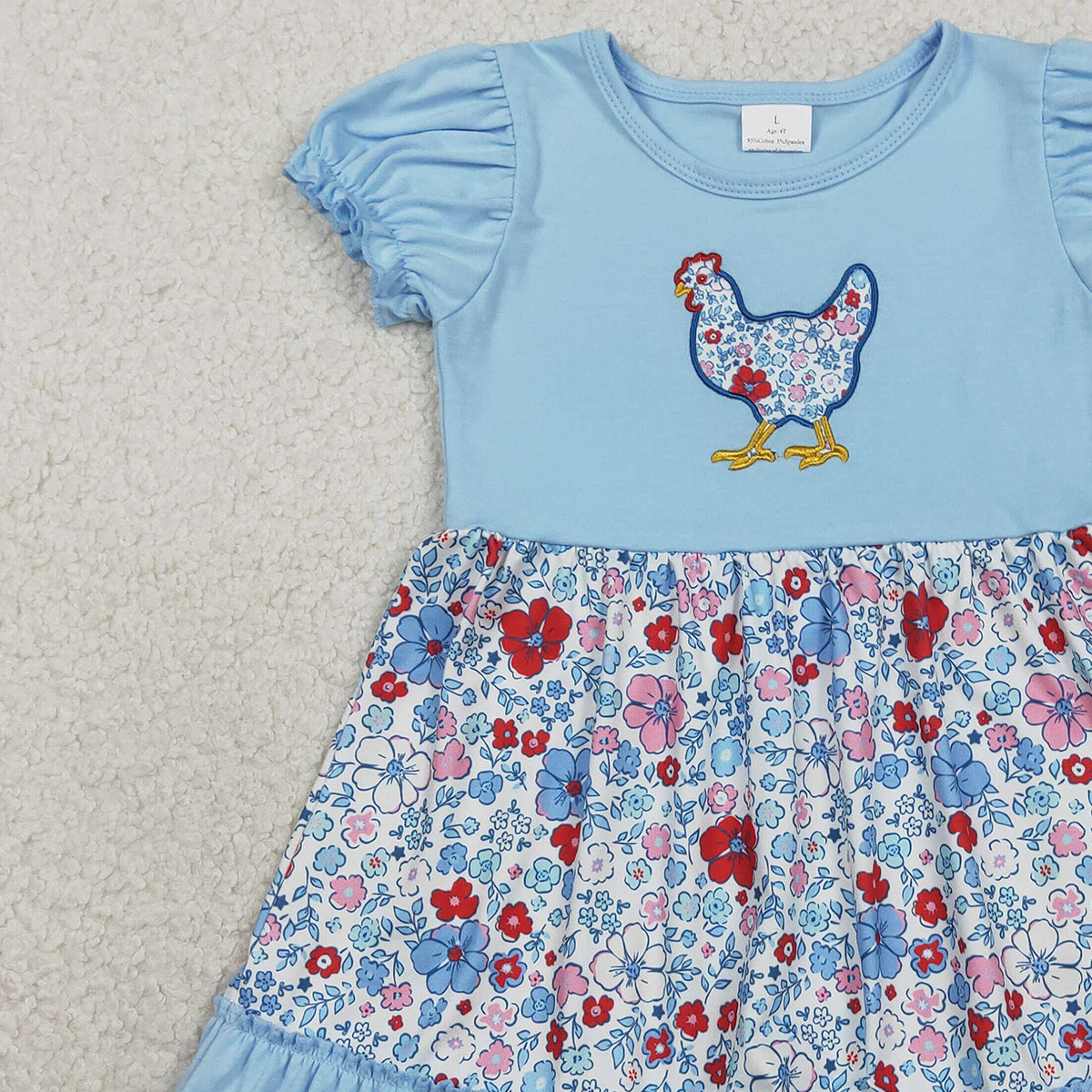 RTS NO MOQ GSD3418 Floral Chick Embroidery Baby Girls Dress Farm Ruffle Knee-Length Skirt for Kids