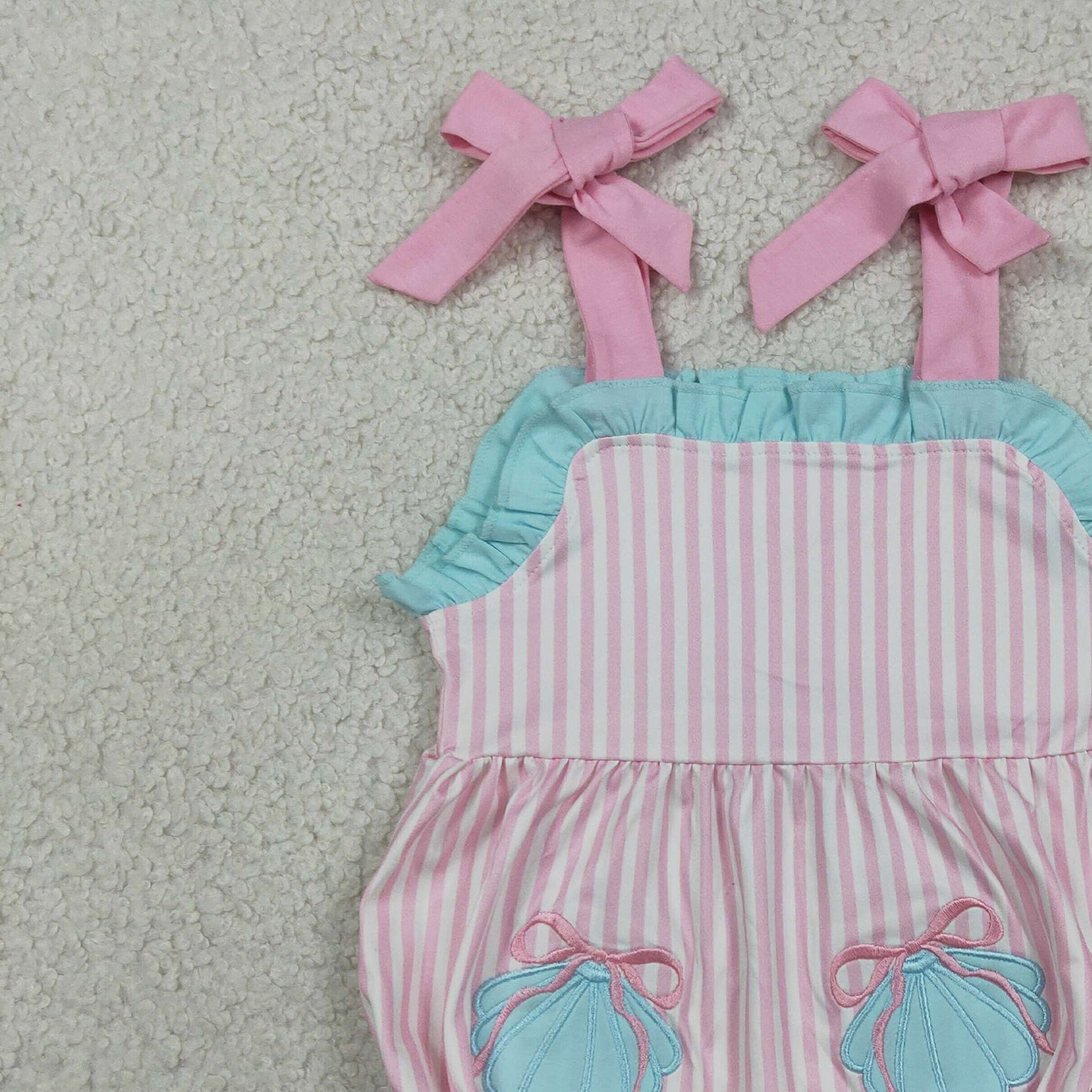 RTS NO MOQ milk silk SR4127 Baby Girls Cute Shell Embroidery Pockets Pink Stripe Strap Ruffle Rompers