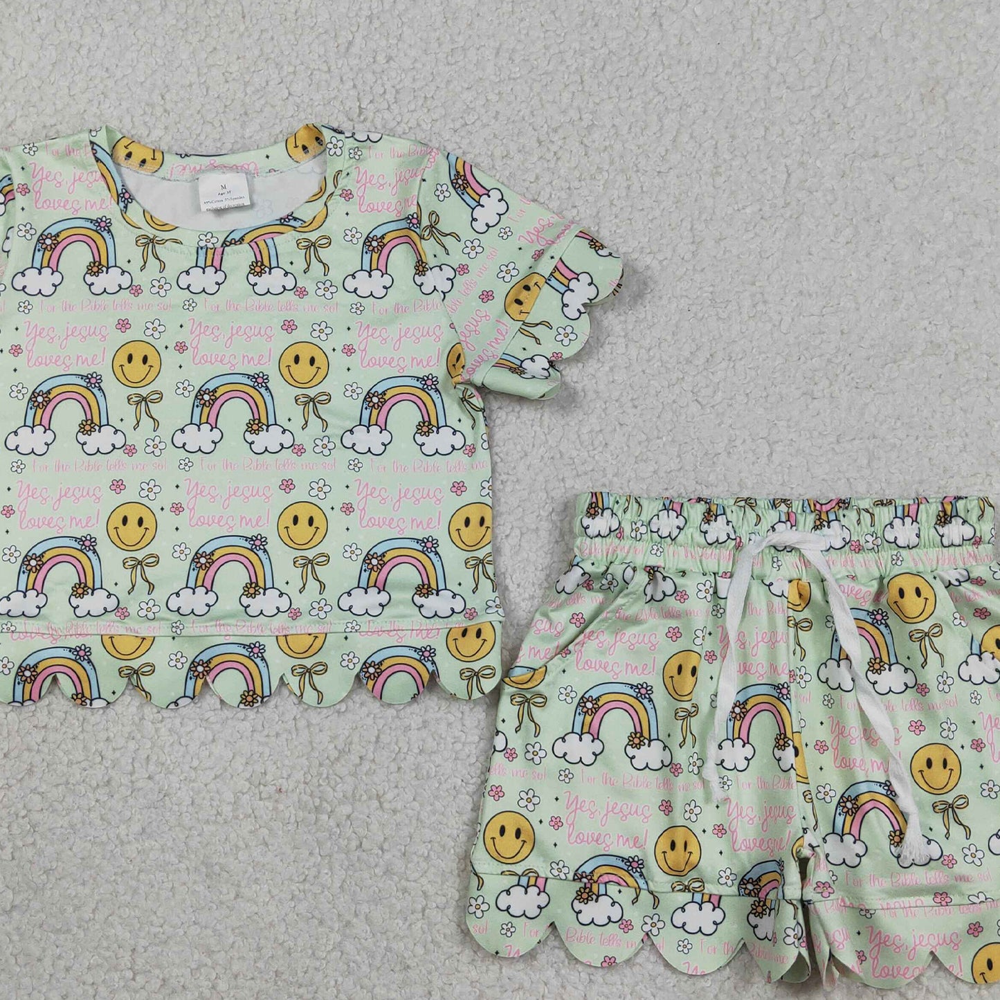 RTS NO MOQ GSSO3283 Baby Girls Cute Rainbow Smiles Flowers Scallop Pocket Clothes Set