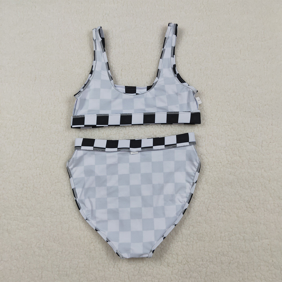 RTS NO MOQ S0736+S0737 Adult Women's Black Checkered Two-Piece Swimsuit Set with Top And Bummies Bottom