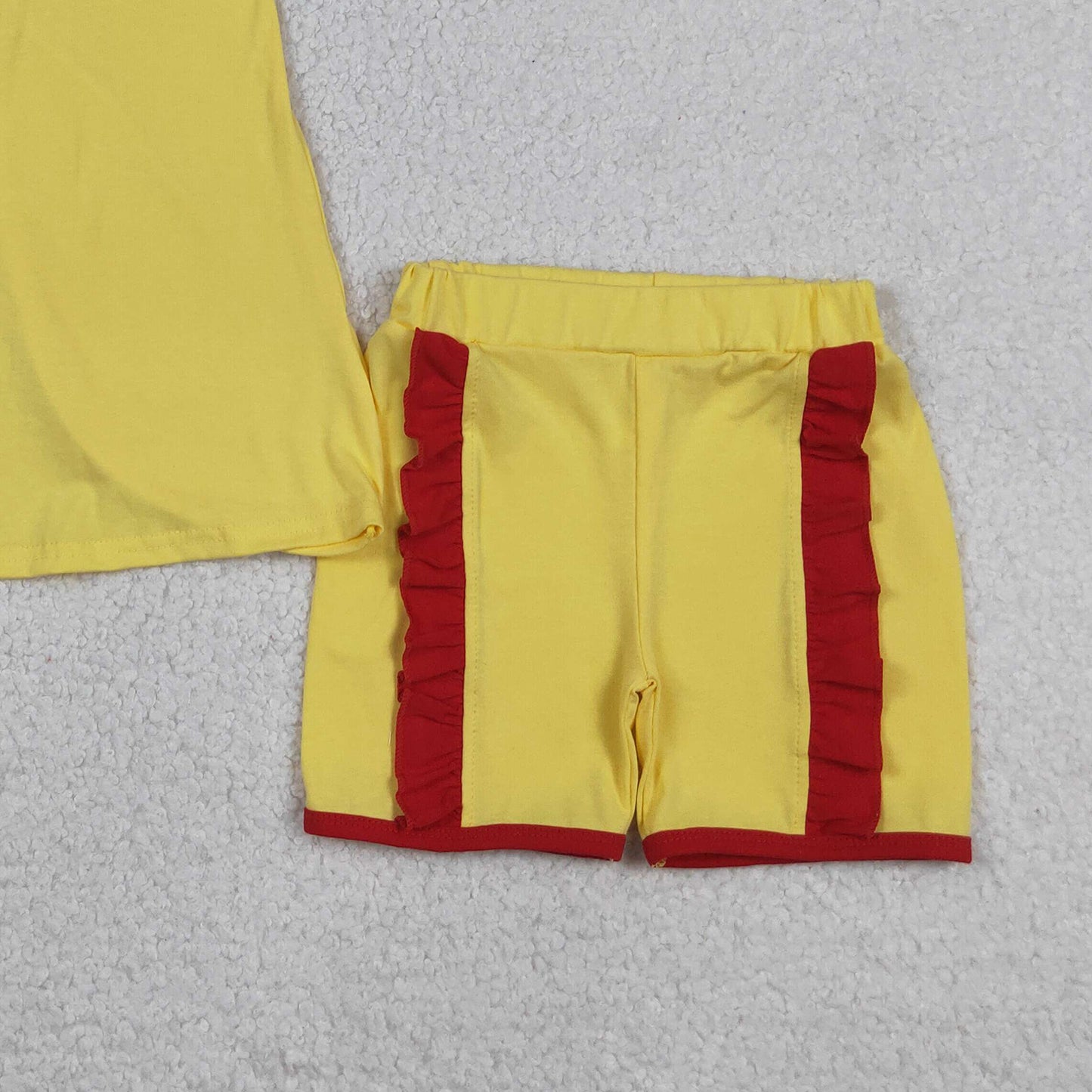 RTS NO MOQ cotton GSSO3466 Baby Girls Cute Yellow Sleeveless Back Bows Tunic Ruffle Shorts Sets