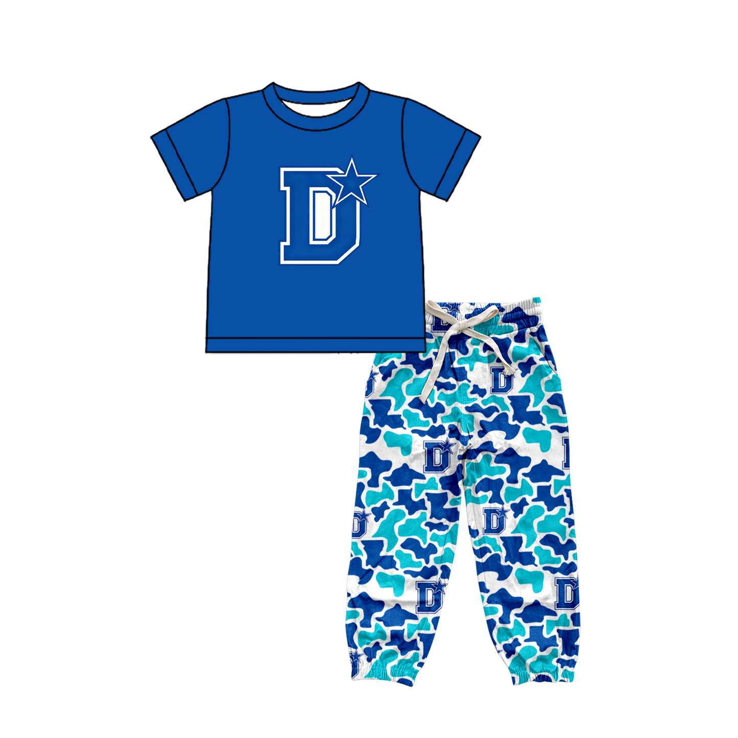 custom moq 5 mix size XY070106 Baby Boys Short Sleeve Top Camo Drawstring Pants Set Team Outfit