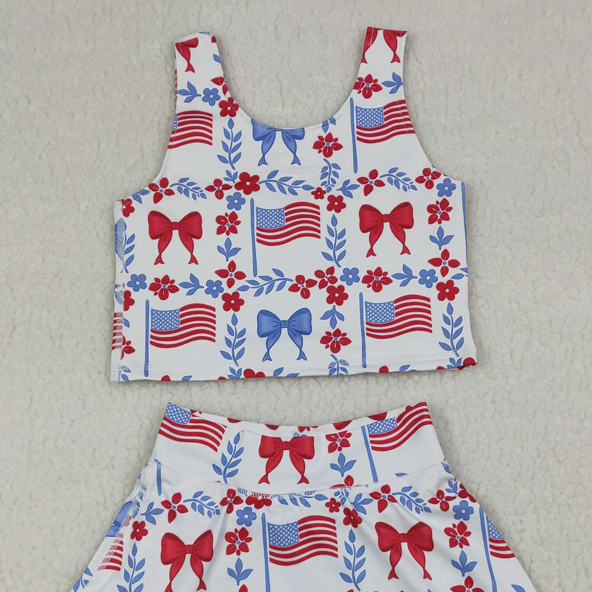 RTS NO MOQ GSD3499 Baby Girls 4th of July Yoga Active Clothes Sets Flower Flags Vest Skirt Short for Girls