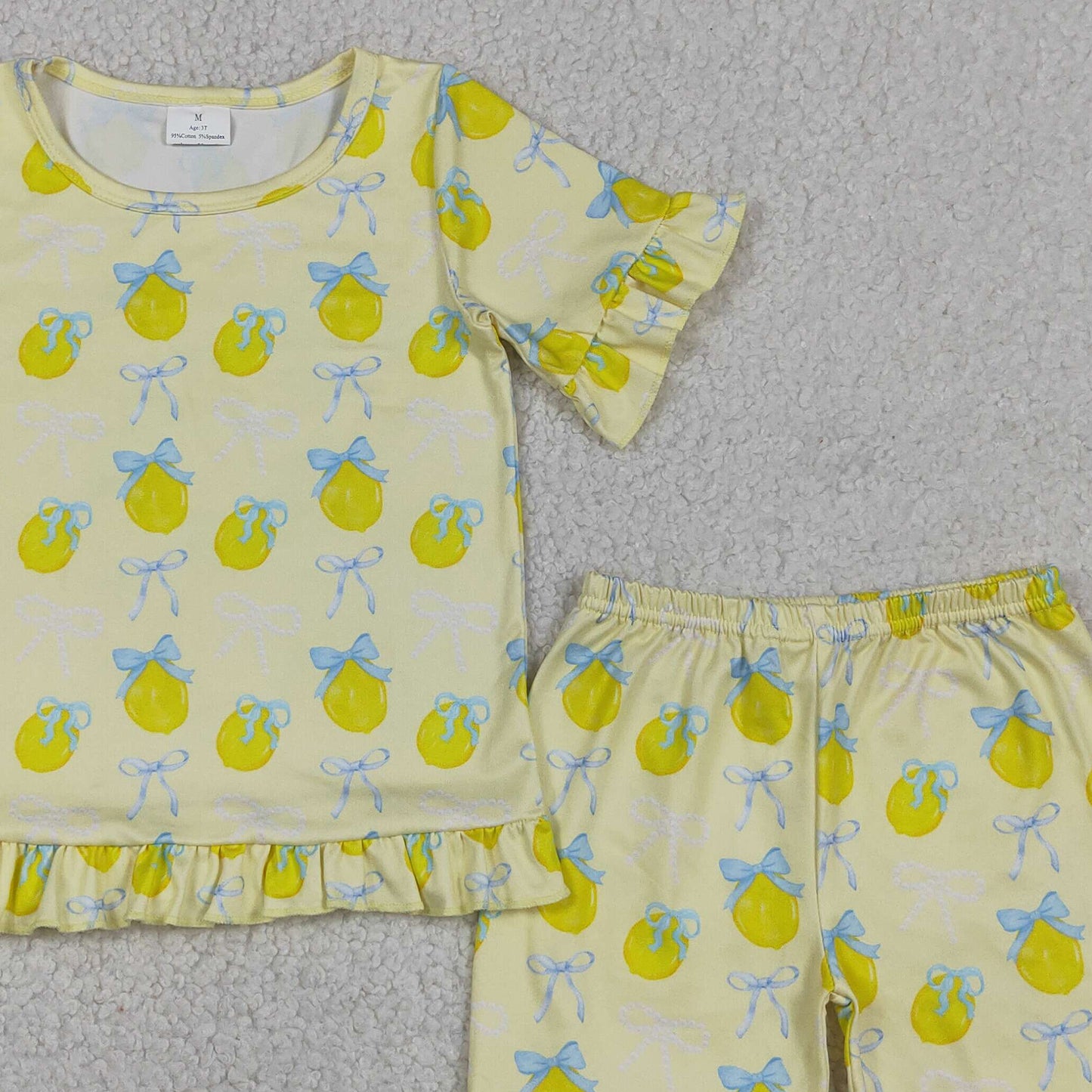 RTS NO MOQ milk silk GSSO3326 Baby Girls Bows Lemons Floral Top Elastic Waist Ruffle Shorts Sets