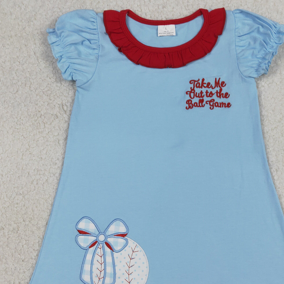 RTS NO MOQ GSD3685 Baby Girls Team Embroidery Baseballs Bows Knee Length Dresses