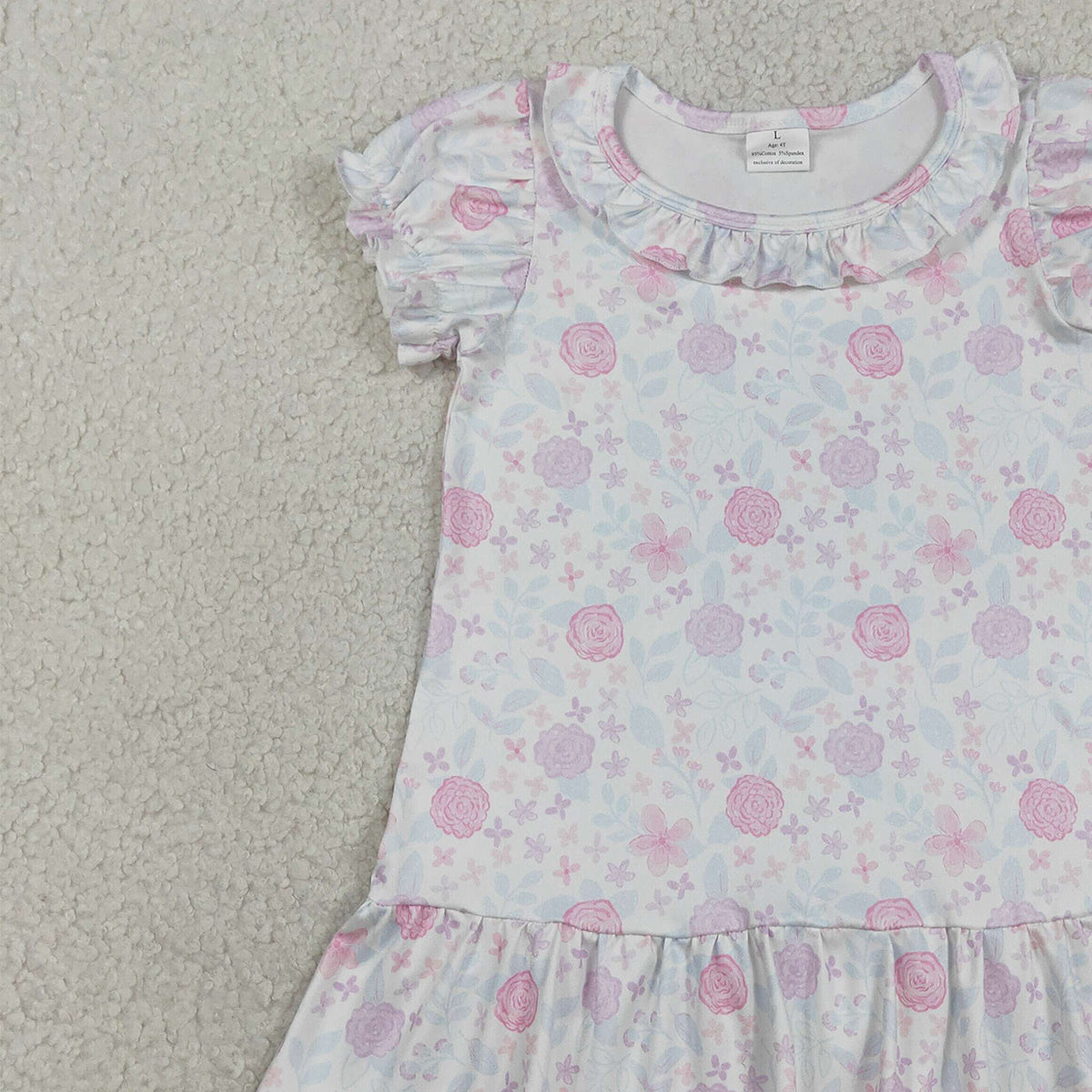 RTS NO MOQ GSD3717 Baby Girls Short Sleeve Ruffle Knee Length Dress Pink Lavender Flowers Cute Infant Girl Outfit