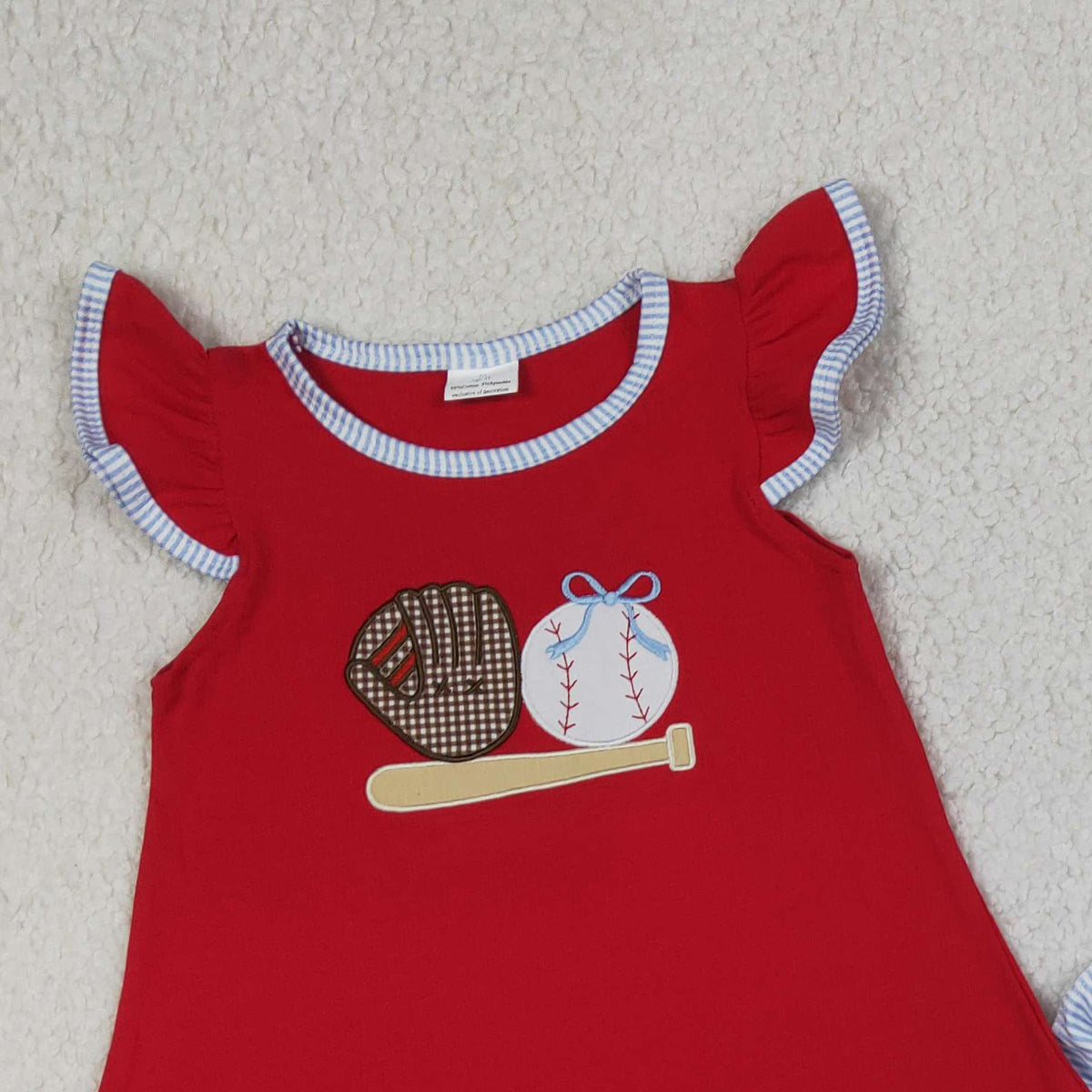 RTS NO MOQ GSSO3246 Baby Girls Embroidery Baseballs Tunic Top with Stripe Ruffle Shorts Team Clothes Set