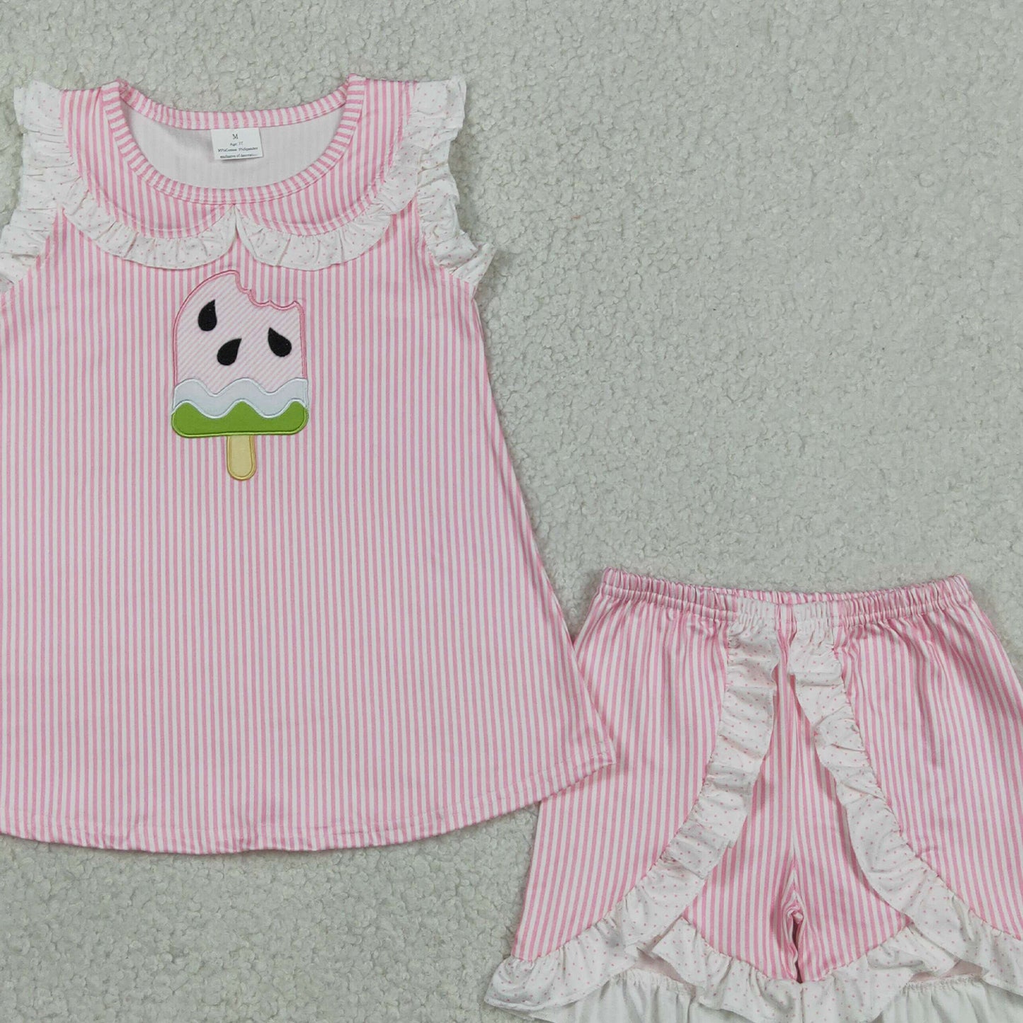 RTS NO MOQ milk silk GSSO3238 Baby Girls Cute Popsicle Embroidery Pink Stripe Tunic Shorts Set