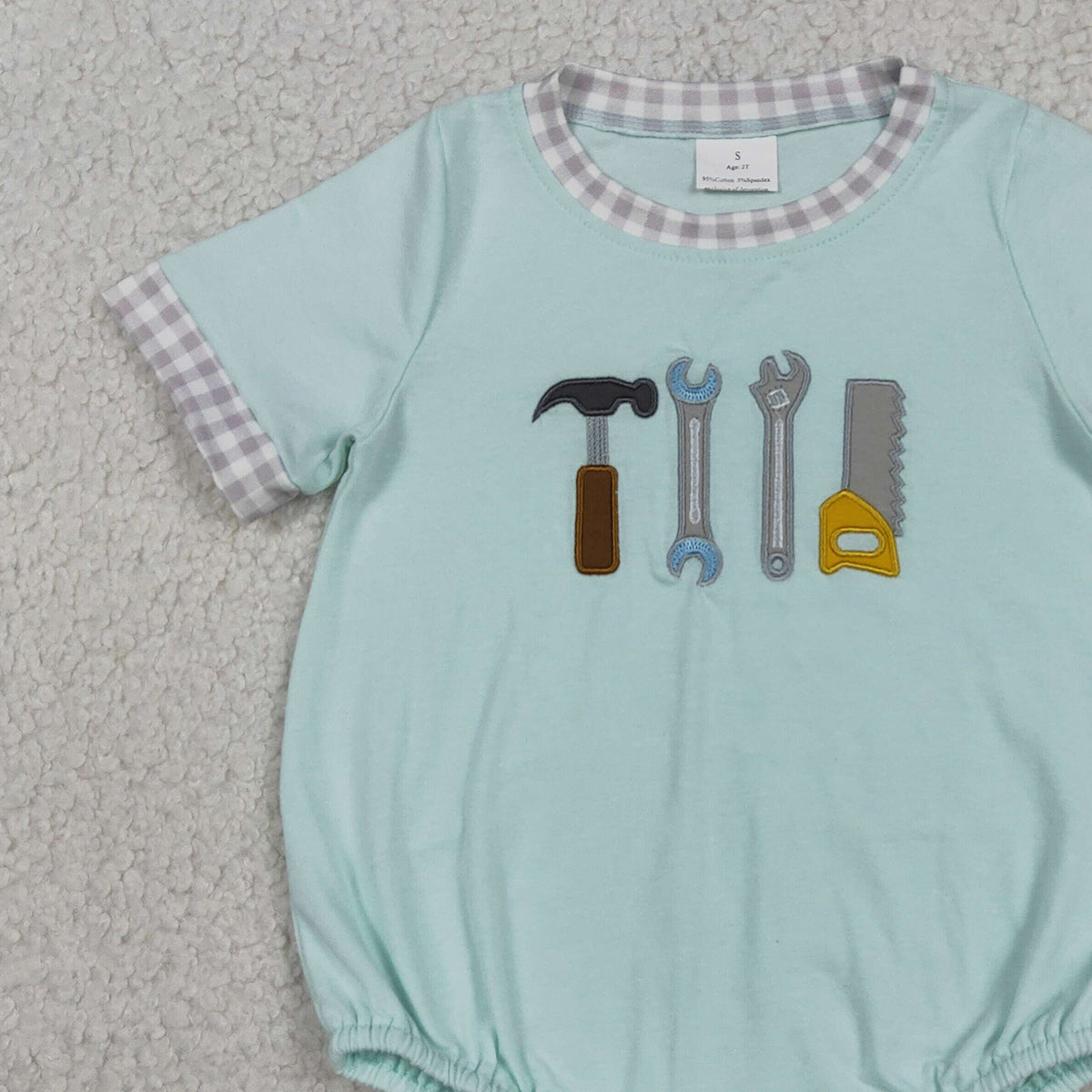 RTS NO MOQ SR3541 Baby Boys Embroidery Tools Short Sleeve Rompers