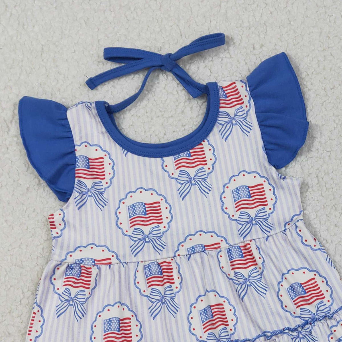 RTS NO MOQ Baby Girls Blue Stripe Bows Flags Tunic Ruffle Short 4th of July Clothes Sets