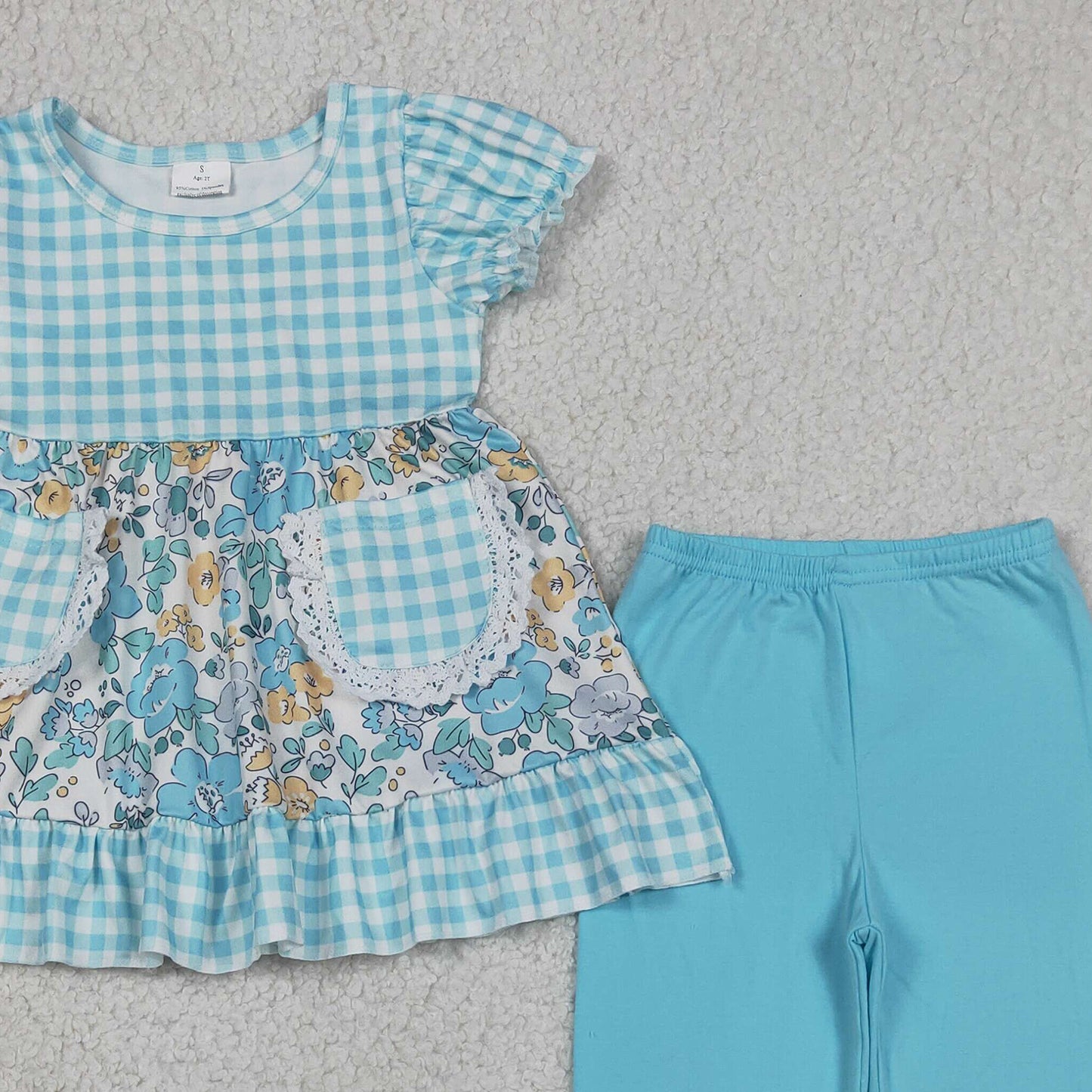 RTS NO MOQ GSPO2282 Baby Girls Blue Check Floral Pocket Tunic Casual Ruffle Pant Sets