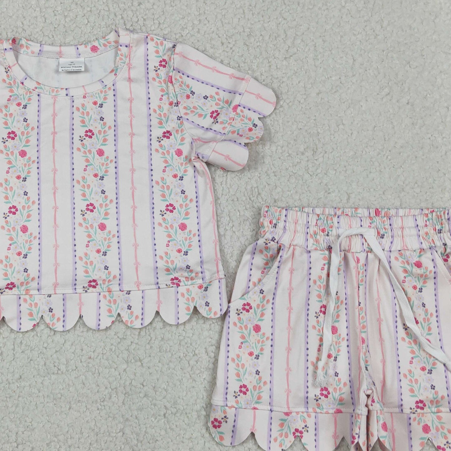 RTS NO MOQ milk silk GSSO3411 Toddler Girls Flower Stripe Top Scallop Edge Shorts Set Casual Outfit