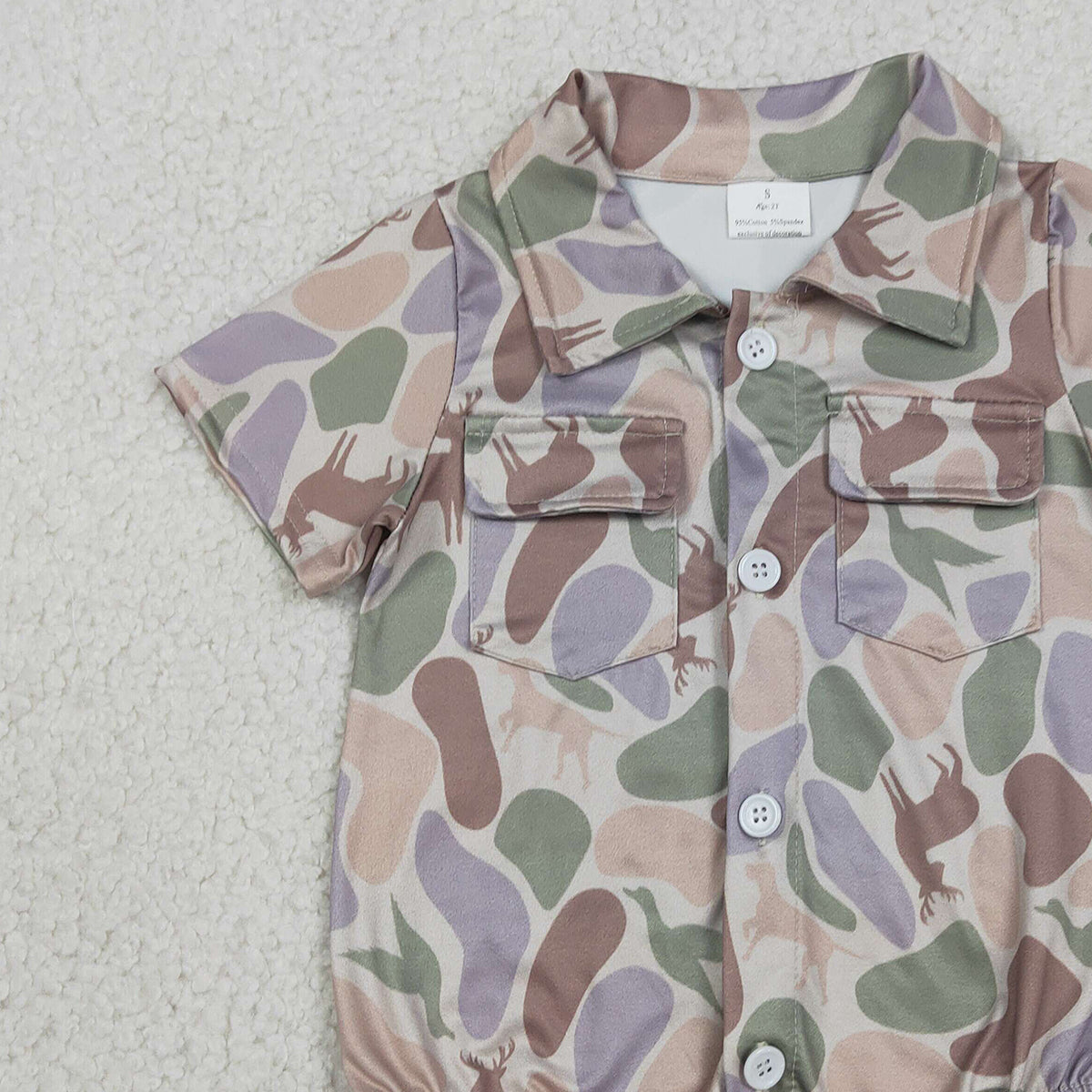 RTS NO MOQ SR3544 Baby Boys Camouflage Hunting Rompers with Pockets Button Detailing Ducks Dogs Deer Print