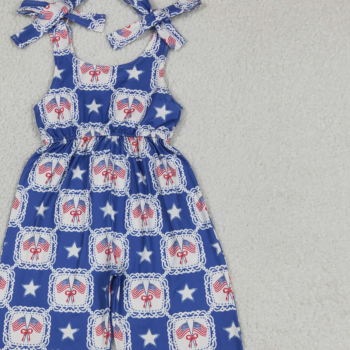RTS NO MOQ milk silk SR3875 Baby Girls Checked Stars Flags Strap Bow Casual 4th of July Jumpsuits