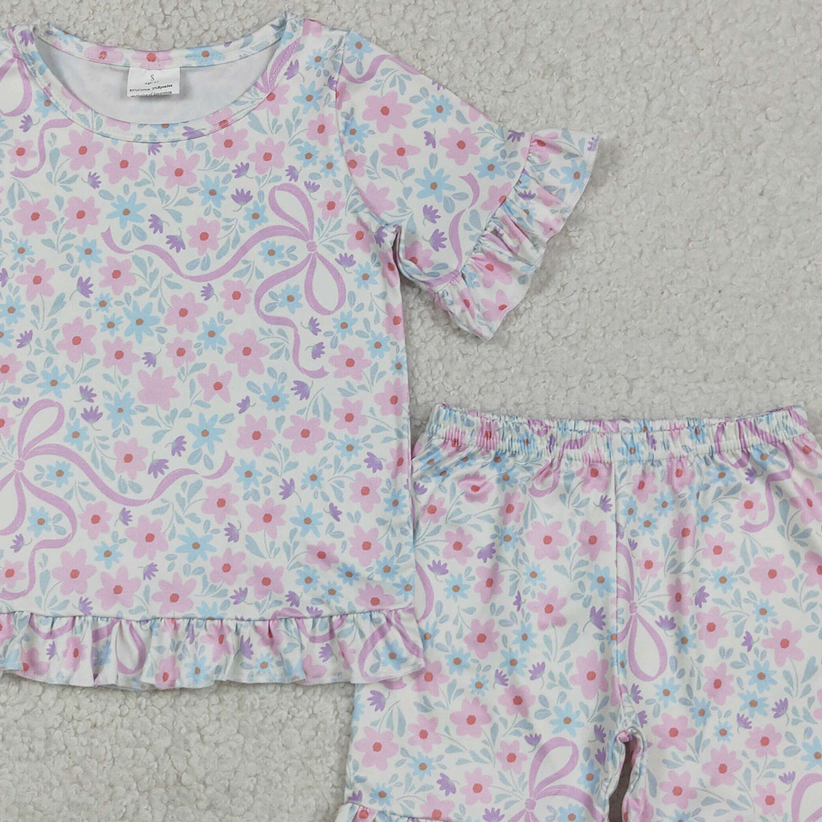 RTS NO MOQ GSSO3322 Toddler Girls Sweet Colorful Flowers Bow Top Ruffle Shorts Sleepwear