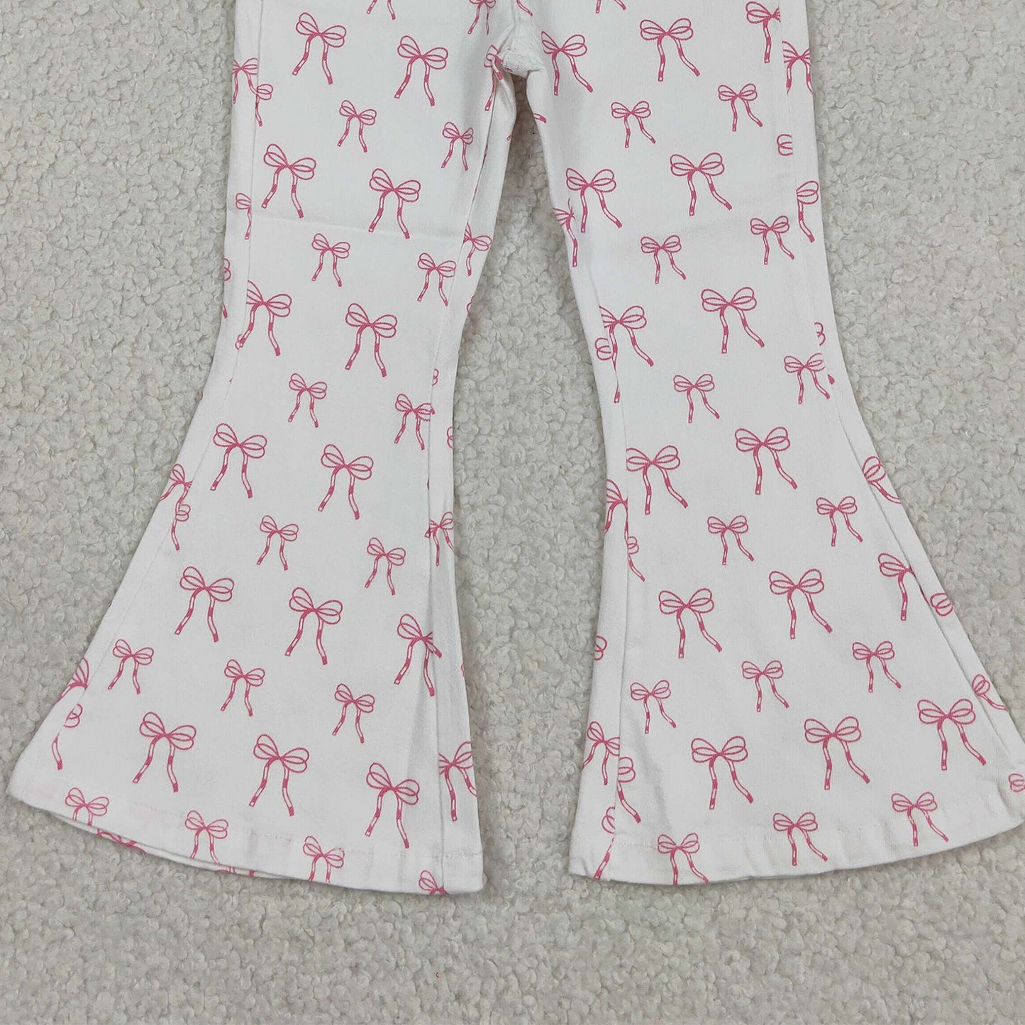 RTS NO MOQ milk silk P1042 Baby Girls Cute Pink Bows Denim Pocket Bell Bottom Pants（3T-14-16T）