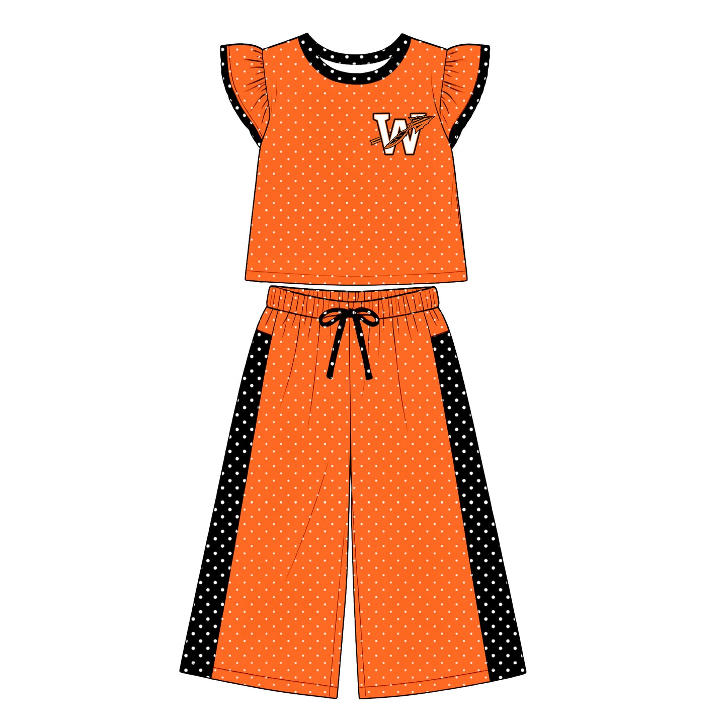 custom moq 5 mix size  XY072106 Baby Girls Flutter Sleeve Polka Dots Top Pants Team Casual Set