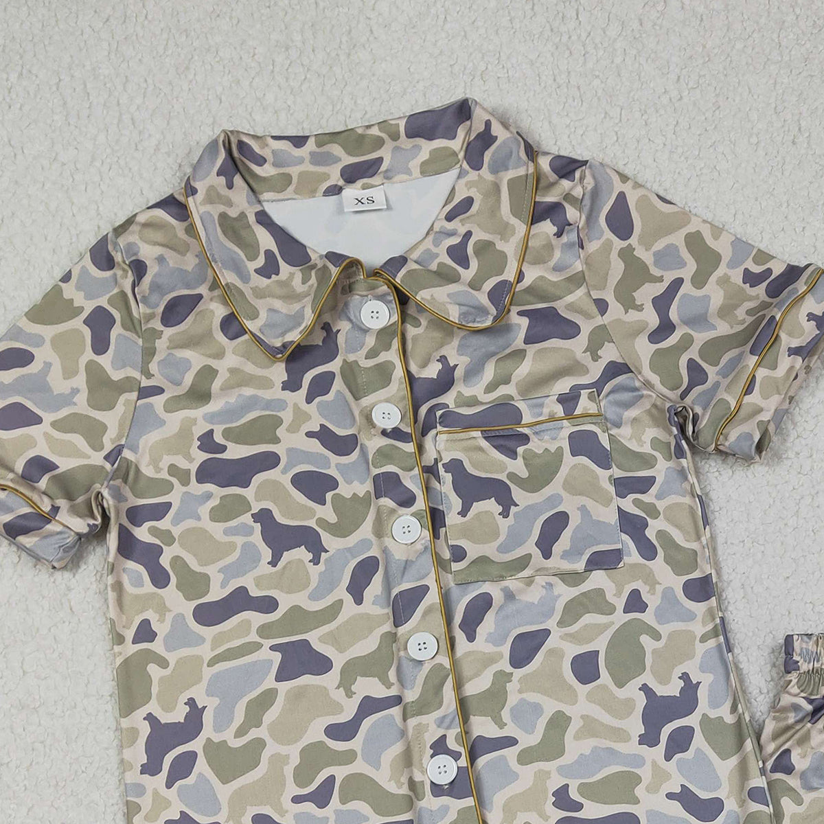 RTS NO MOQ GSSO3135 Adult Women's Southern Dogs Camouflage Pajamas Set with Button Pocket Top And Ruffle Shorts Sleepwear