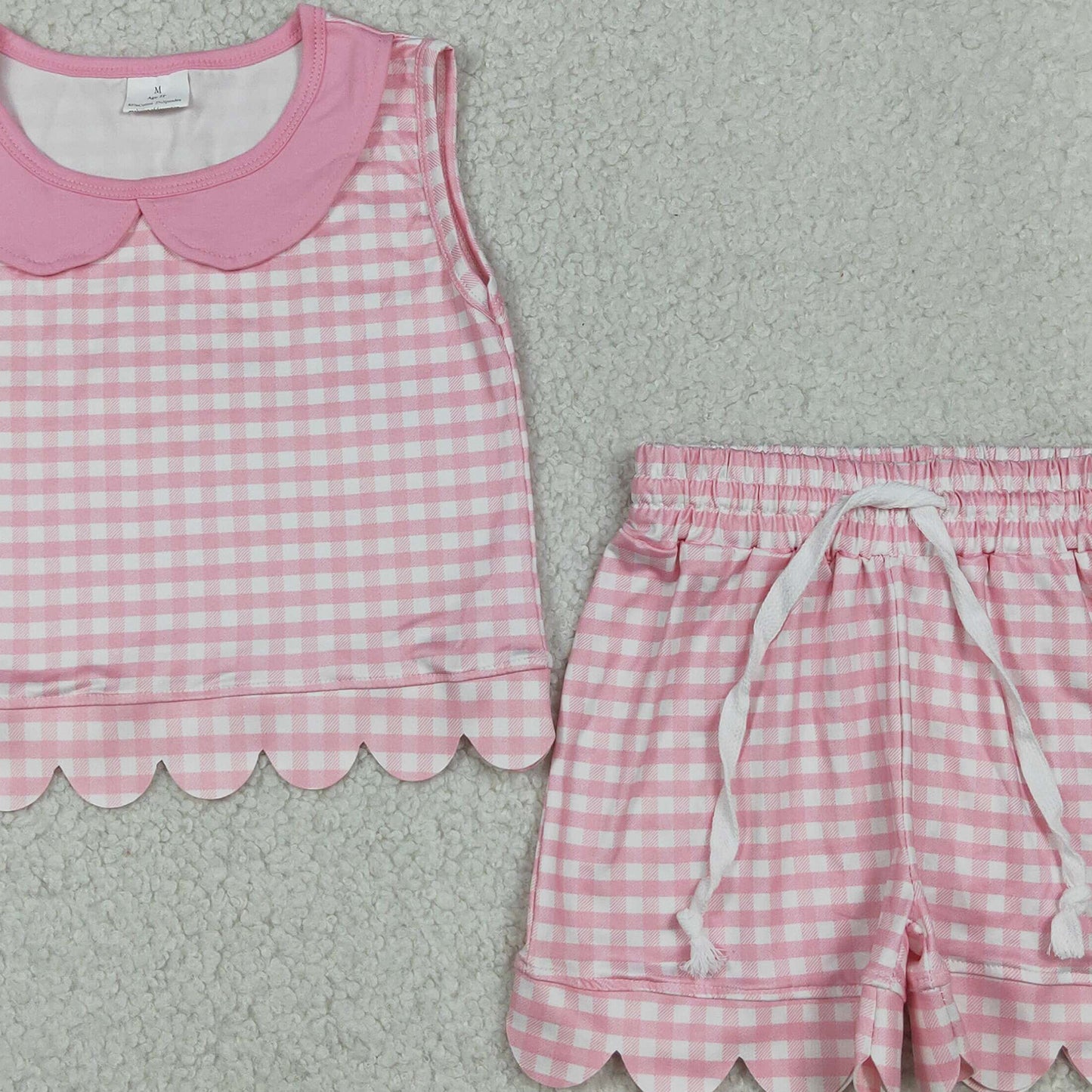 RTS NO MOQ milk silk GSSO3394 Pink Checked Collar Sleeveless Outfit Baby Girls Scallop Trim Short Suits