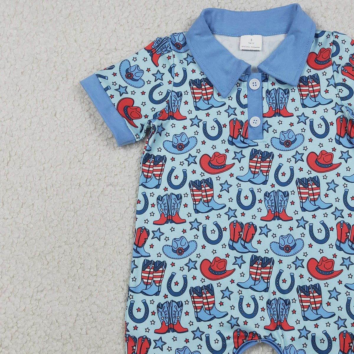 RTS NO MOQ SR3884 Baby Boys 4th of July Western Button Rompers Short Sleeve Star Hat Boots