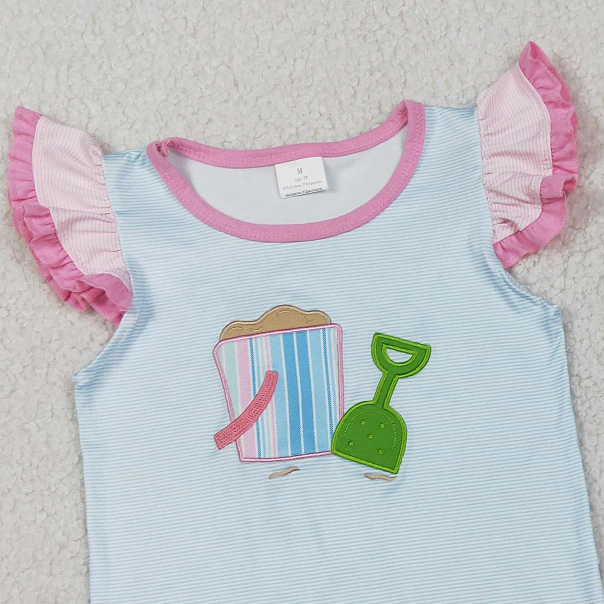 RTS NO MOQ GSSO2991 Embroidery Beach Baby Girls Outfit Set with Flutter Sleeve Top And Ruffle Shorts Clothing