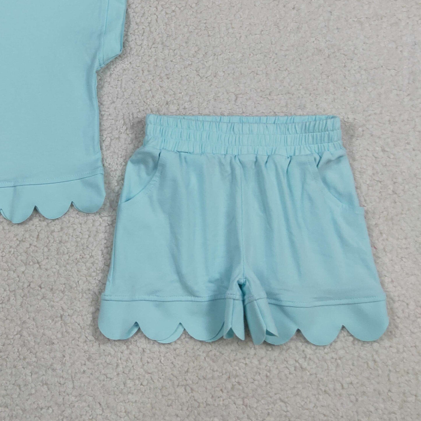 RTS NO MOQ cotton GSSO3376 Baby Girls Blue Zip Pullover Top With Pockets Short Scallop Clothes Set