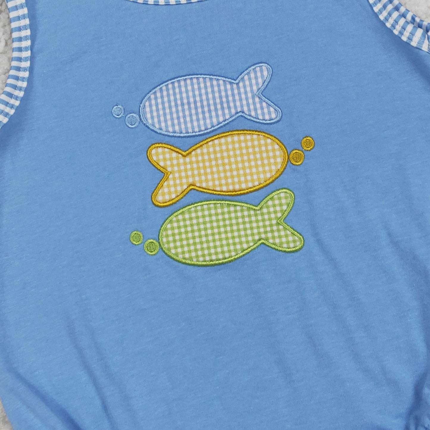 RTS NO MOQ milk silk SR4005 Baby Boys Sleeveless Solid Color Fish Embroidery Hunting Rompers