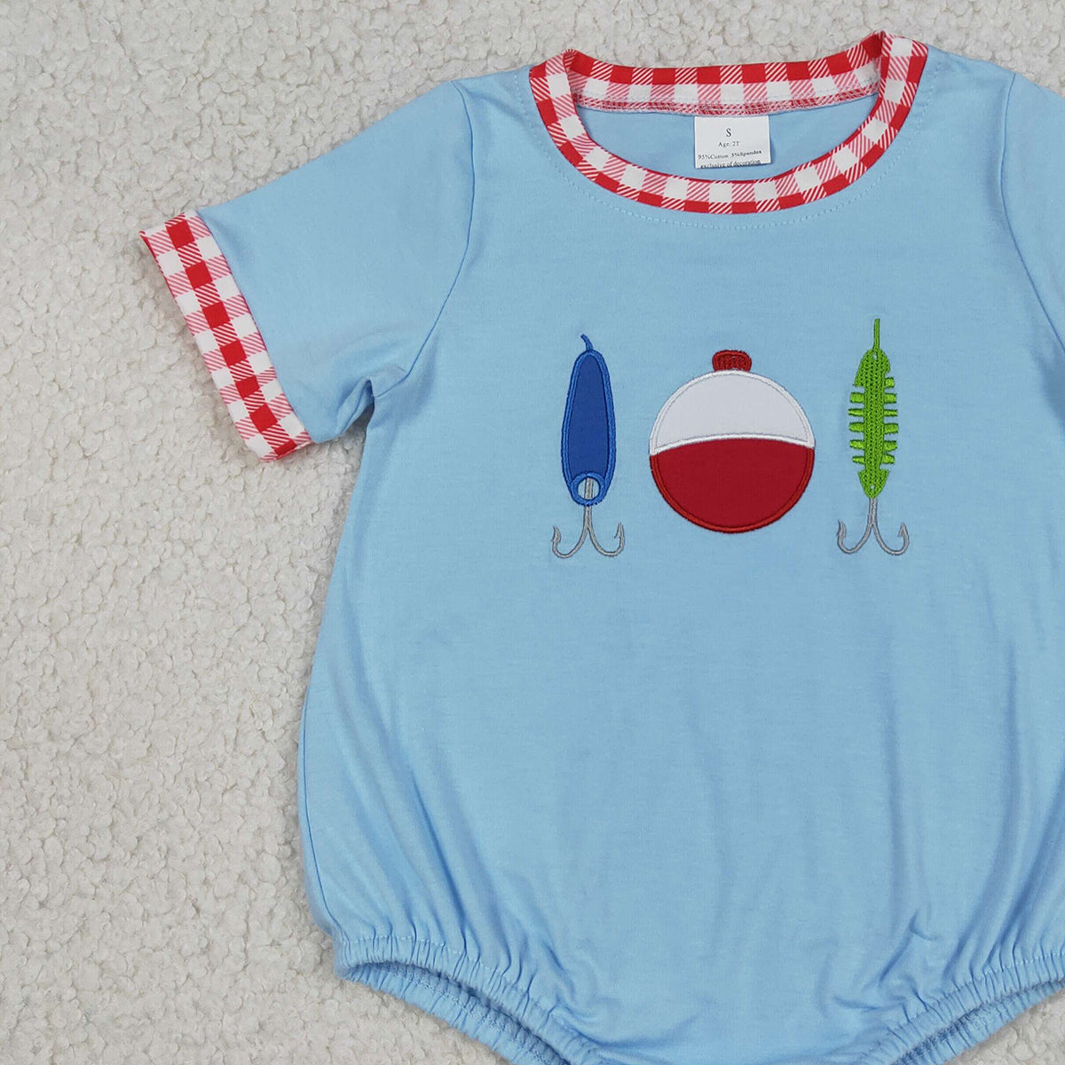 RTS NO MOQ SR3577 Embroidery Fishing Baby Boys Blue Rompers Short Sleeve Hunting Outfit Cute Toddler Clothing