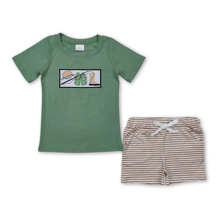 RTS NO MOQ Sibling Baby Boys Embroidery Fishing Top Shorts Hunting Clothes Sets