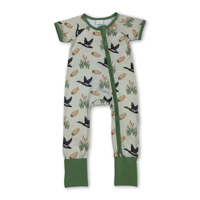 RTS NO MOQ Sibling Baby Kids Camo Hats Ducks Southern Hunting Two Way Zipper Convertible Rompers