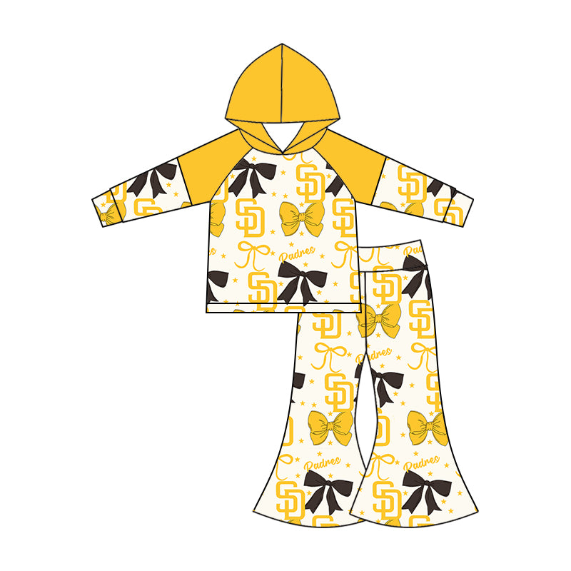Custom moq 5 mix size milk silk summer teams baby girls clothes team bow yellow long sleeve hooded pants sets and dress 1 and dress 2 and top-25.6.17