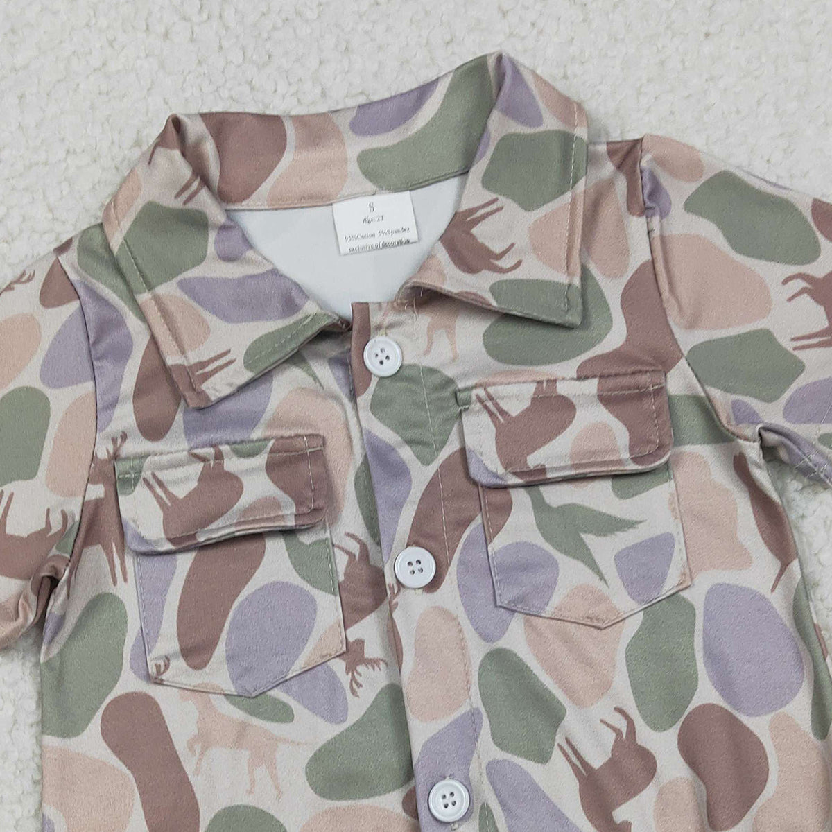 RTS NO MOQ SR3544 Baby Boys Camouflage Hunting Rompers with Pockets Button Detailing Ducks Dogs Deer Print