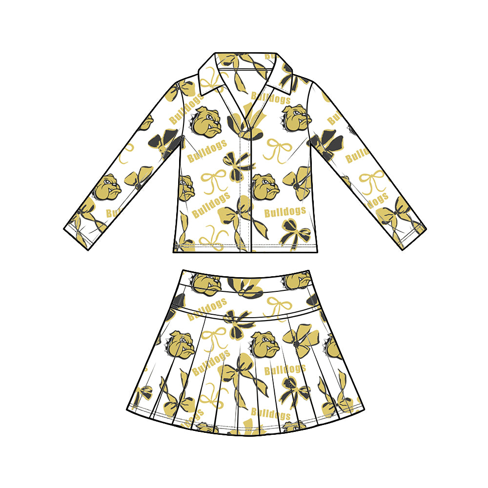 custom moq 5 mix size  XY072306 Baby Girls Summer Bow Print Long Sleeve Top Pleated Skirt Two Piece Team Outfit Set