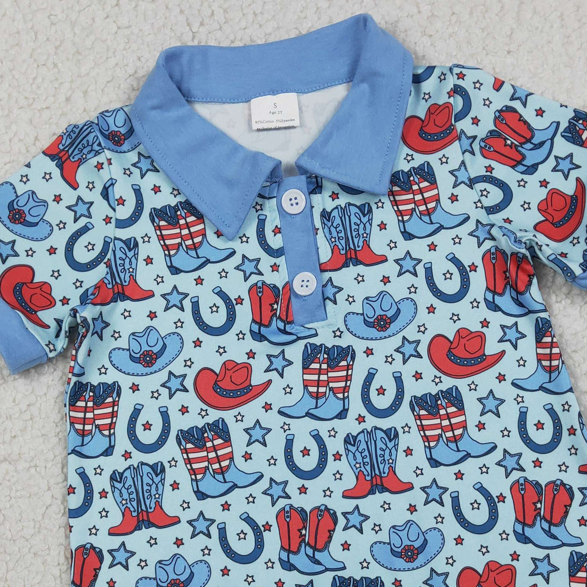 RTS NO MOQ SR3884 Baby Boys 4th of July Western Button Rompers Short Sleeve Star Hat Boots