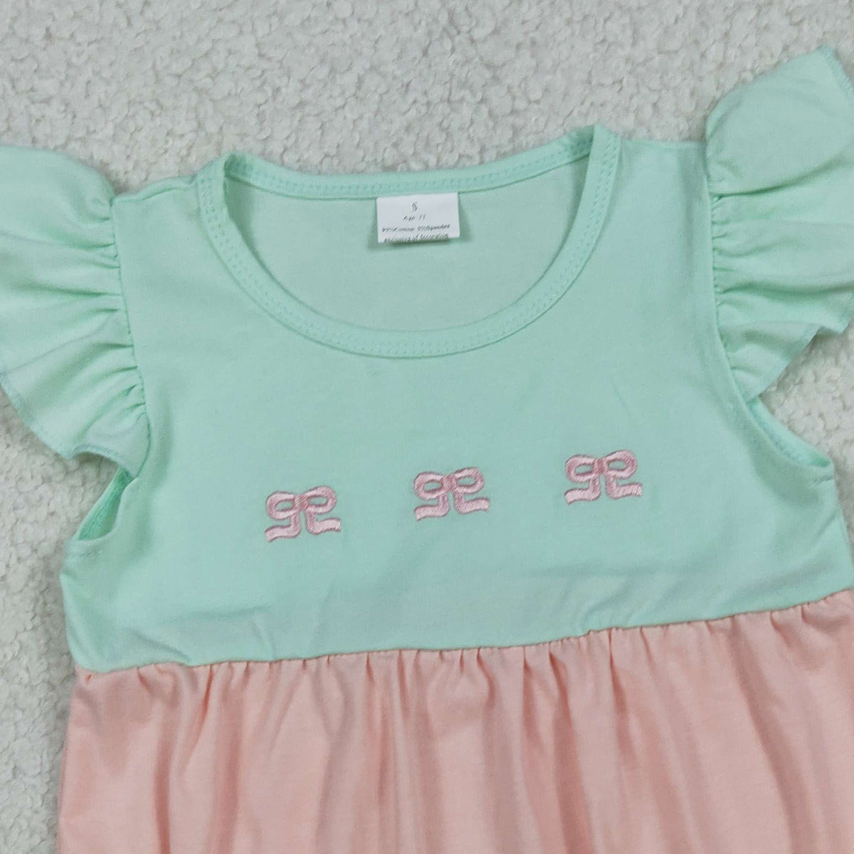 RTS NO MOQ SR3895 Baby Girls Embroidery Bows Rompers with Flutter Sleeve Patchwork Ruffle