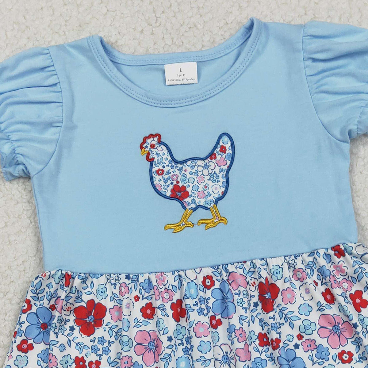 RTS NO MOQ GSD3418 Floral Chick Embroidery Baby Girls Dress Farm Ruffle Knee-Length Skirt for Kids